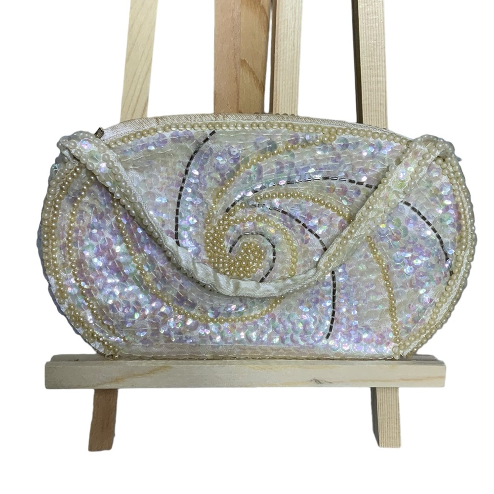 La Regale Vintage Evening Clutch Bag 1960 Pearl Beaded Sparkle Sequin Off White - Picture 5 of 16
